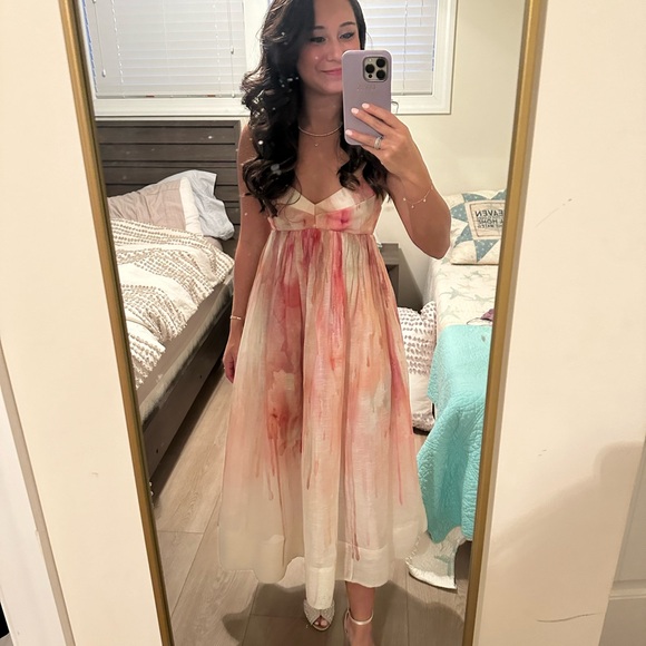 Zimmermann Pink and White Dancer Empire Waist Midi Dress in Abstract Blush sz 0 - Picture 3 of 7